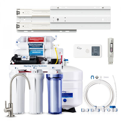 Système d'osmose inverse à 6 étapes iSpring RCC7P-AK, filtre à osmose inverse sous évier avec pompe, robinet, ensemble de montage coulissant, stylo TDS, ensemble réfrigérateur / machine à glaçons, rappel de durée de vie du filtre
