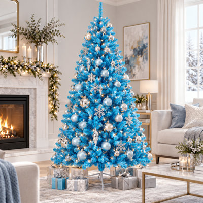 7 FT Unlit Blue Artificial Christmas Tree, Full Hinged Spruce with Realistic Branches, 1000 Tips and Metal Stand