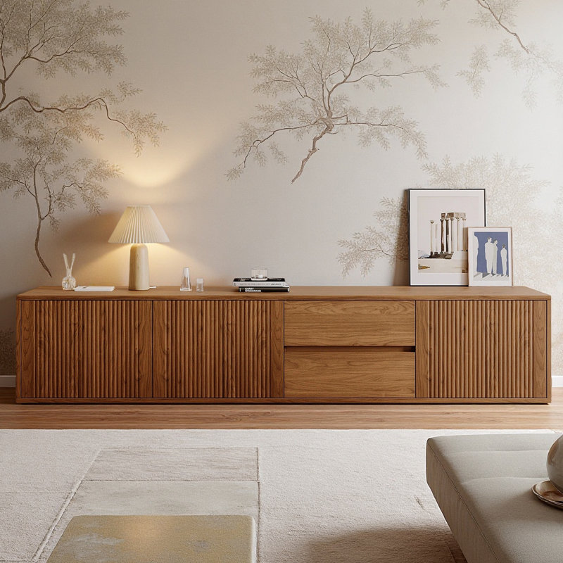 Meuble télé 79 po Mid-Century pour téléviseur de 85 po ou moins, console média et meuble télé moderne à cannelures avec tiroirs et tablettes de rangement