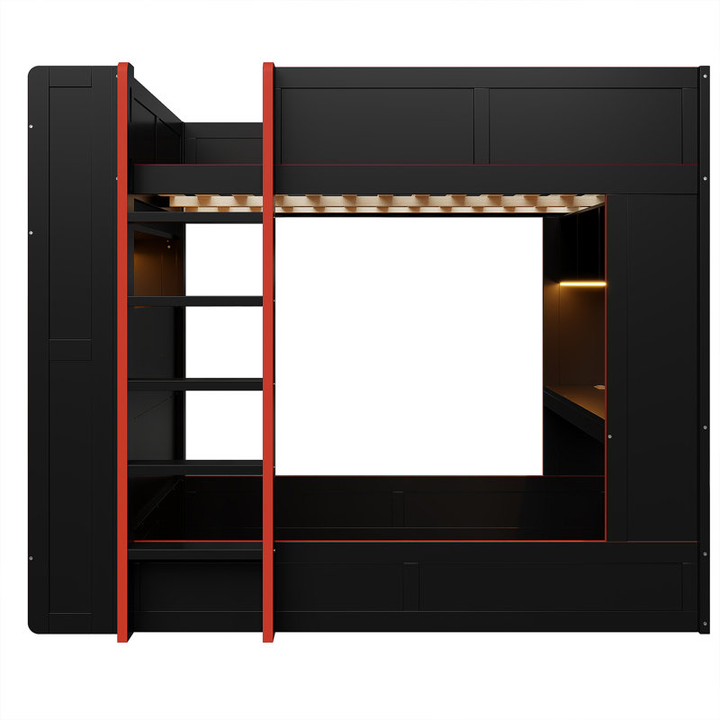 Full-Size Wood Gaming Loft Bed with Desk, Storage, LED Lights & Charging Station, Black