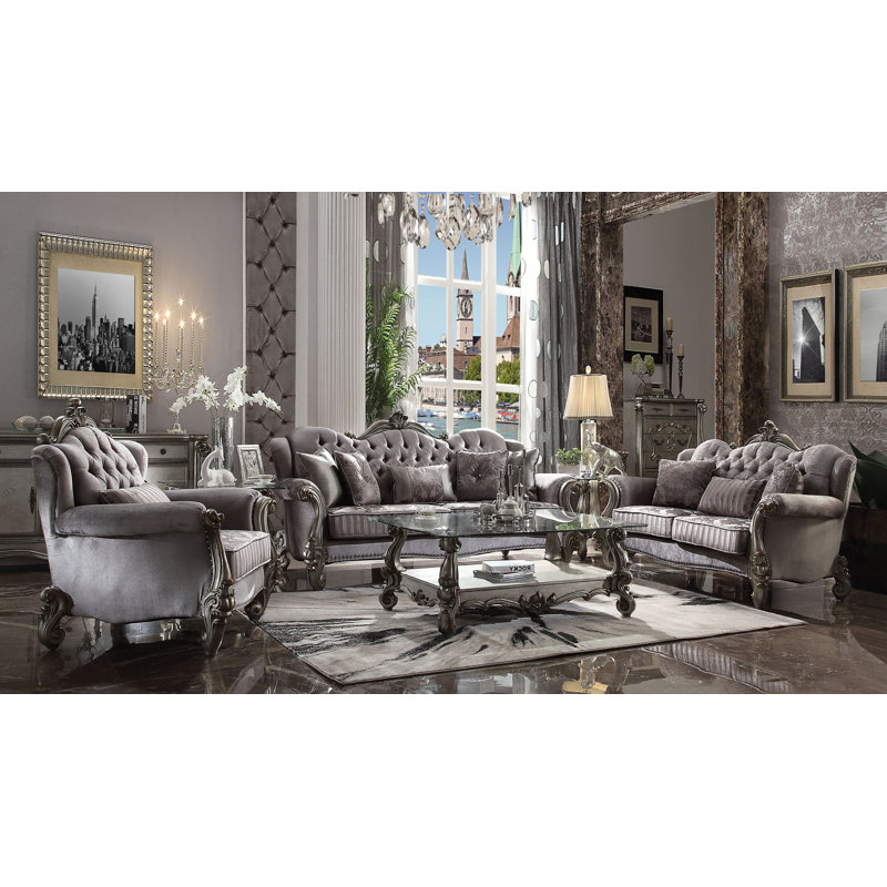 Antique Platinum Velvet Tufted Loveseat with Nailhead Trim