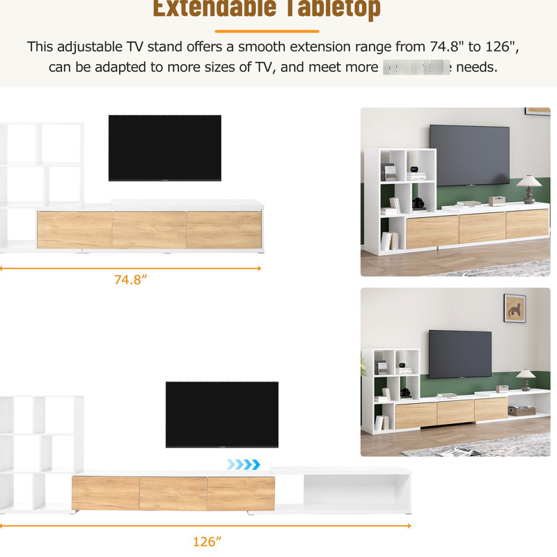 Meuble télé blanc extensible avec étagères à 3 niveaux, espace de rangement réglable pour la fonctionnalité de mobilier de salon, tablettes, armoires, compatible