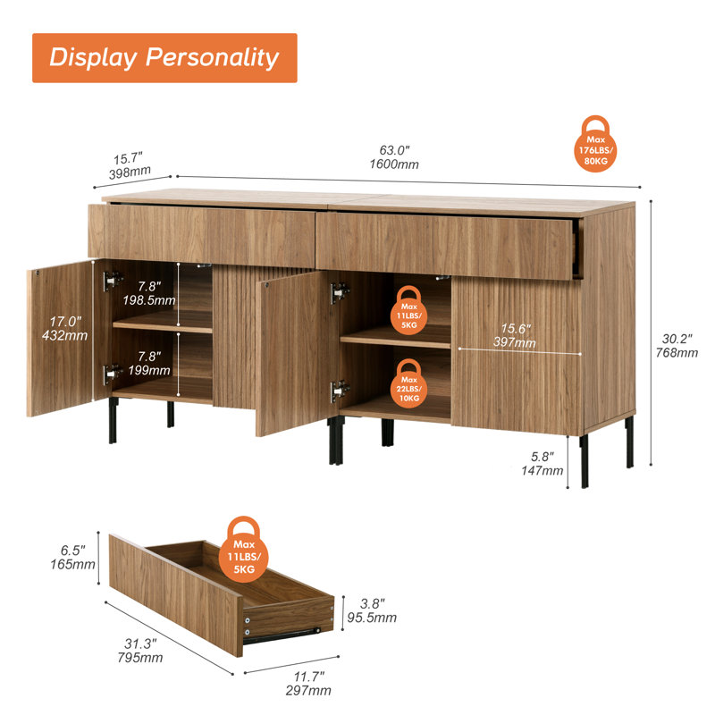 Union Rustic 63" Reeded Accent Cabinet Set With 4 Doors And Drawers, Modern Credenza Accent Cabinet With Metal Legs For Living Room, Kitchen, Dining Room, Hallway