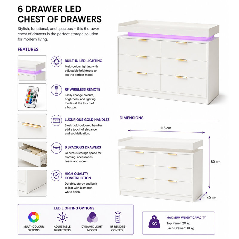 Tamla 116cm W 6 - Drawer Chest of Drawers, White