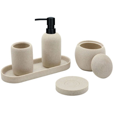 Ensemble d'accessoires de salle de bain en résine beige, ensemble d'accessoires de salle de bain 5 pièces avec distributeur de lotion, porte-savon, porte-brosse à dents, plateau de coiffeuse, distributeur de support Qtip, ensemble de décoration de salle de bain moderne et pendaison de crémaillère