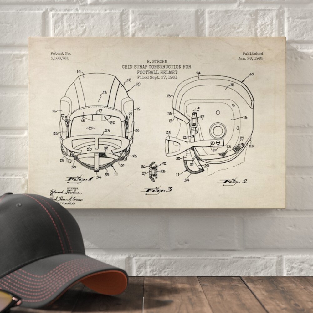 Williston Forge 'Football Helmet Blueprint Chalkboard Patent' Graphic Art Print on Canvas, Size: 18 H x 26 W x 1.25 D, Green