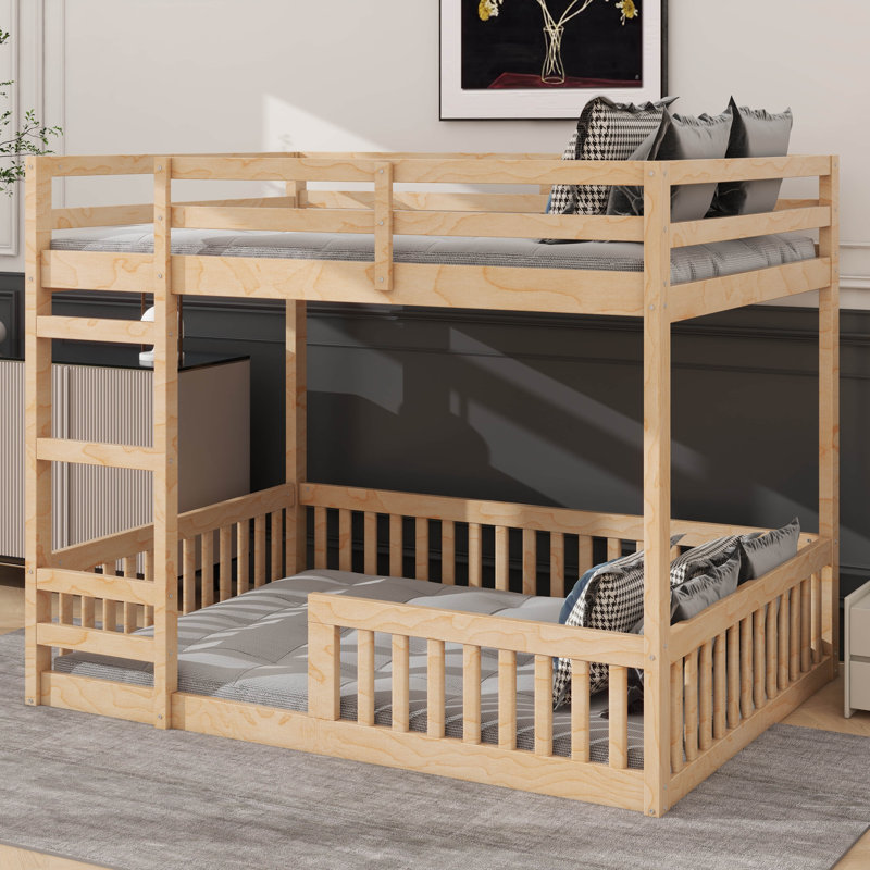 Lit superposé double en bois avec échelle et rails de sécurité, Naturel