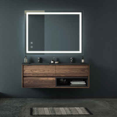 Miroir de salle de bain pour salle de bain avec fond de panier, lumière intense, intensité variable, contrôle de l'interrupteur mural, antibuée, IRC 95 réglable 3000K-4500K-6000K, étanche IP54 vertical et horizontal