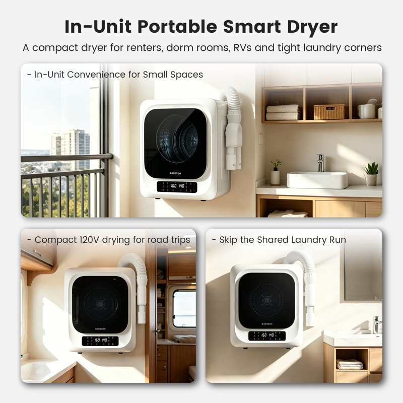 Sèche-linge portable BANGSON 1,8 pi³ pour le linge, sécheuse compacte avec support à chaussures et ensemble de fixation murale, panneau de commande DEL, tambour en acier inoxydable 120 V pour appartement, dortoir, VR, blanc