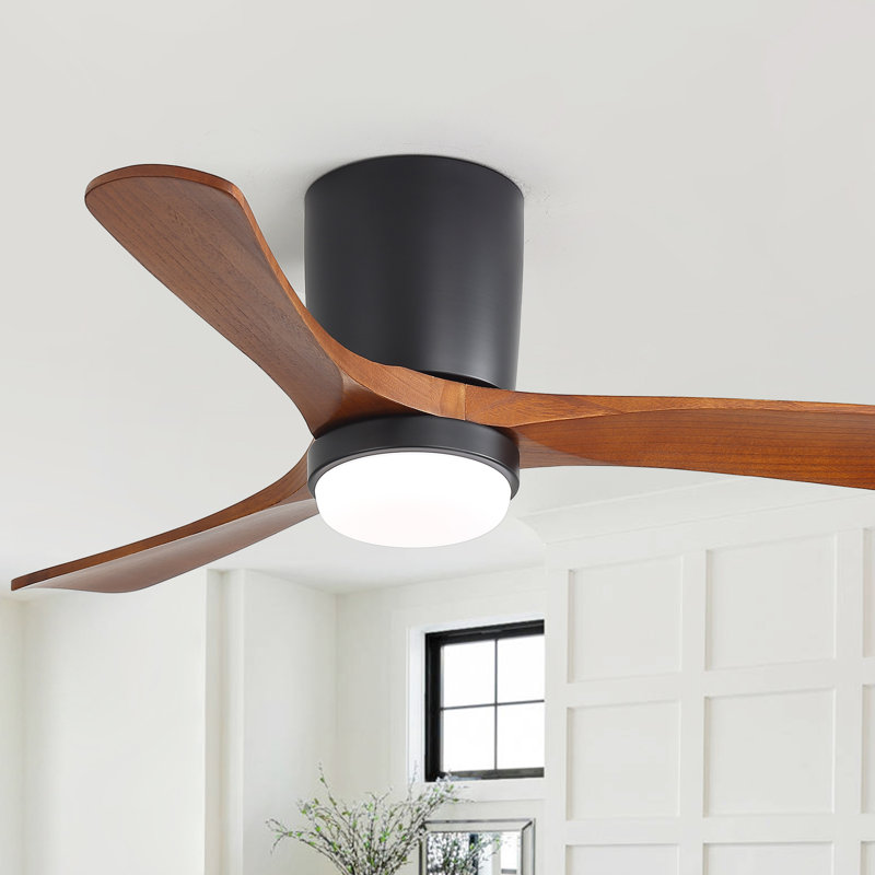 42" Flush Mount 3-Solid Wood Blade Ceiling Fan Led Light, Silent Remote Control, Black / Brown Wood