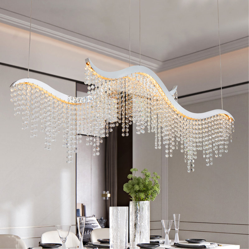 Lustre en cristal 36 pouces à onde moderne à DEL à hauteur réglable pour salon et espace luxueux