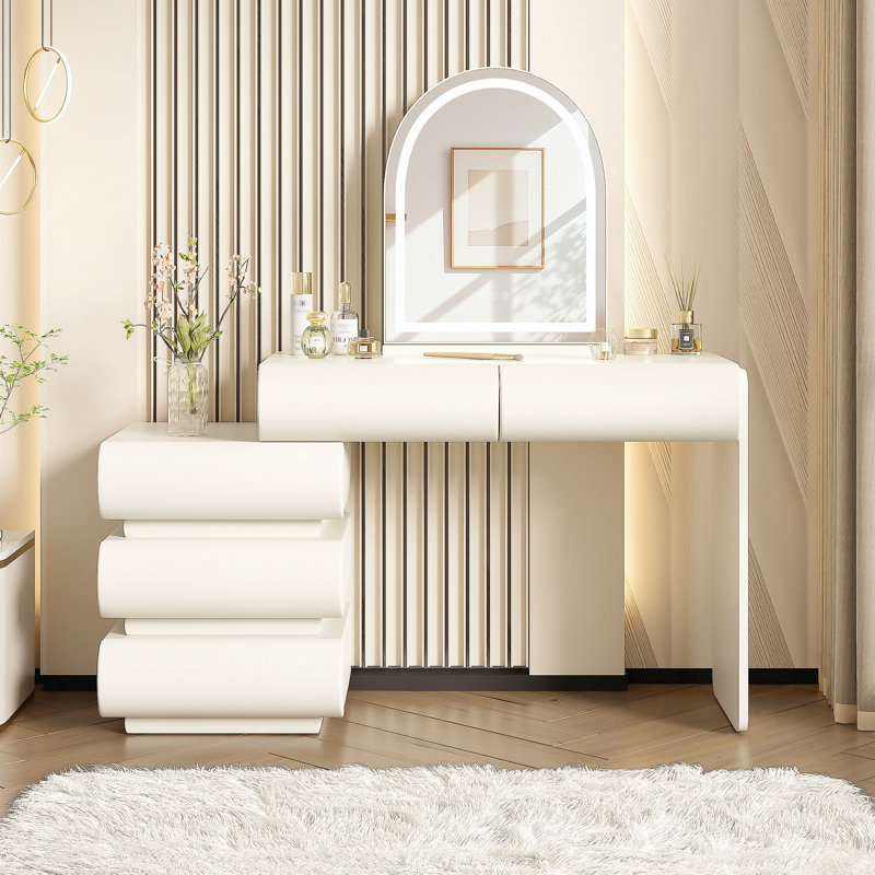 Luxury 2-in-1 Vanity Table with Leather Finish, 3-Color LED Lighted Mirror, Modern Makeup Vanity Desk with Nightstand Design, Dressing Table with 5 Storage Drawers, Beige