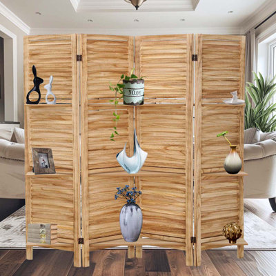 4 Panel Wood Room Divider Folding Privacy Screens With Shelves by Gracie Oaks