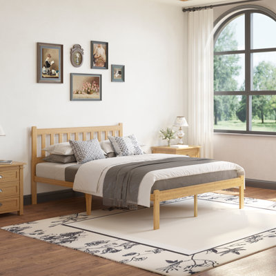14"H Mid Century Modern Solid Wood Bamboo Platform Bed Frame with Headboard
