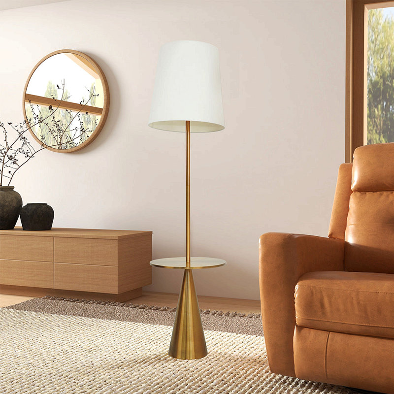 Lampe sur pied céleste moderne avec table d'appoint en laiton avec grand abat-jour blanc