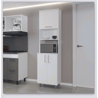 White Kitchen Pantry With 2-Pneumatic Doors And Open Storage For Modern, Organized Kitchens