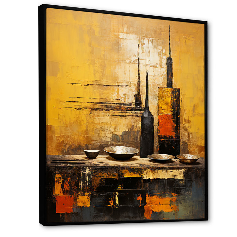 Art mural jaune, poterie élégante jaune, Cadre flottant noir, H 20 po x l 12 po