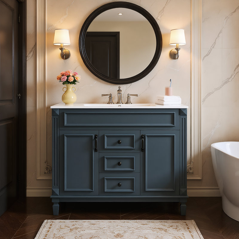 36" Free Standing Single Bathroom Vanity with Ceramic Top, Blue