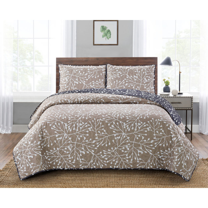 Ensemble de courtepointe réversible Sharron, Courtepointe double / grand et 2 taies décorative, gris