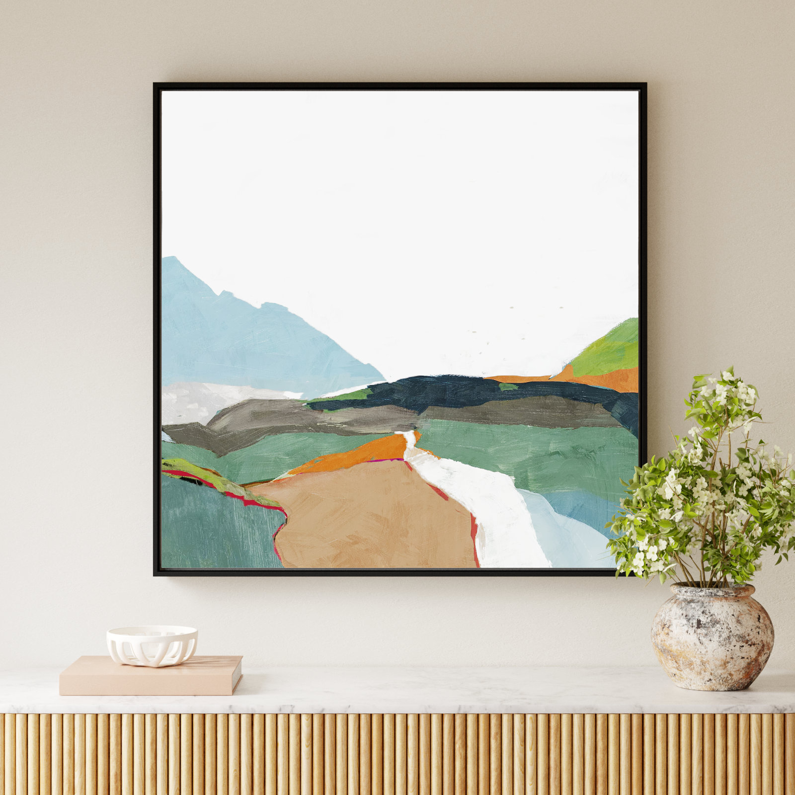 April Morning - Floater Frame Painting on Canvas, 46.5" H x 46.5" W, Black