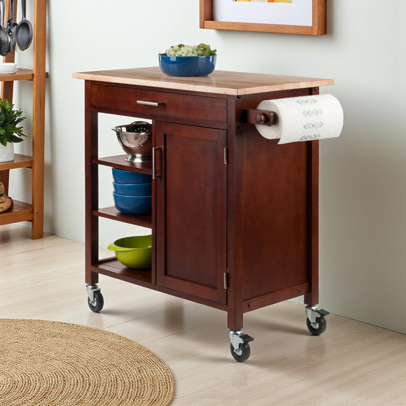 Martini Utility Cart with Wheels and Shelves in Walnut & Natural, 30.60" H X 32.90" W X 18.35" D