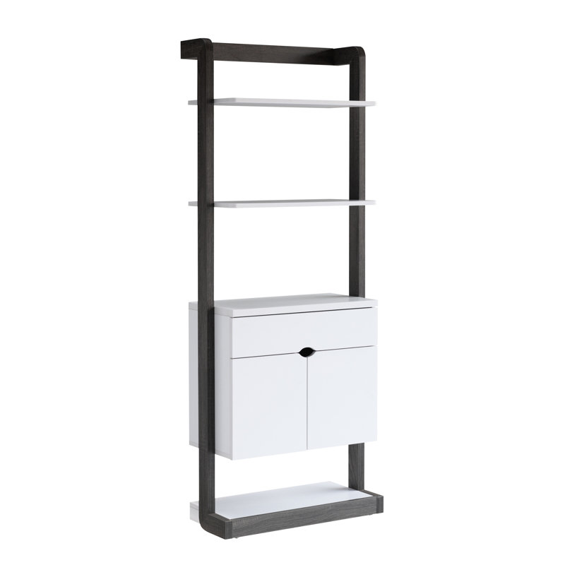 Bibliothèque contemporaine avec quatre tablettes ouvertes, un tiroir et deux armoires blanches et grises pour l'organisation des étagères de rangement, poignées -