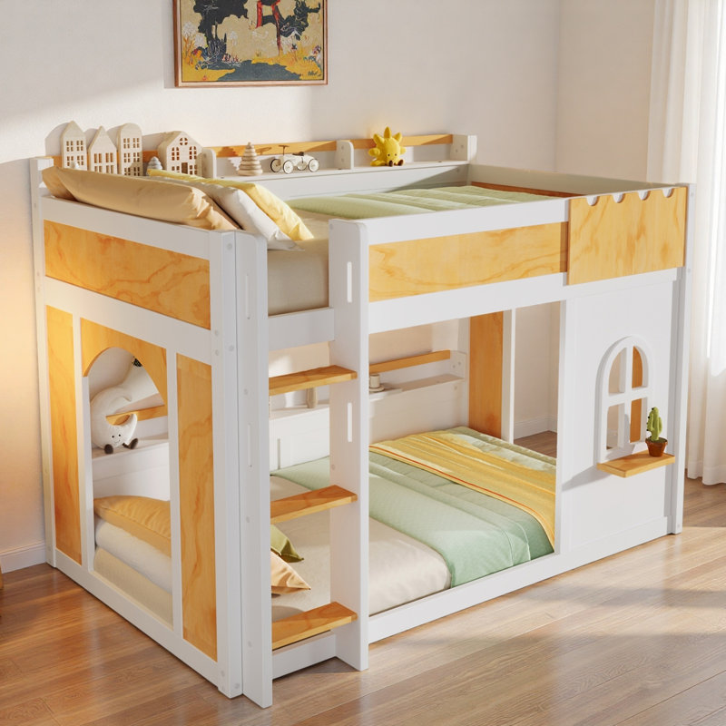 Lit superposé avec tablettes de rangement, fenêtre et 2 portes, Simple sur simple