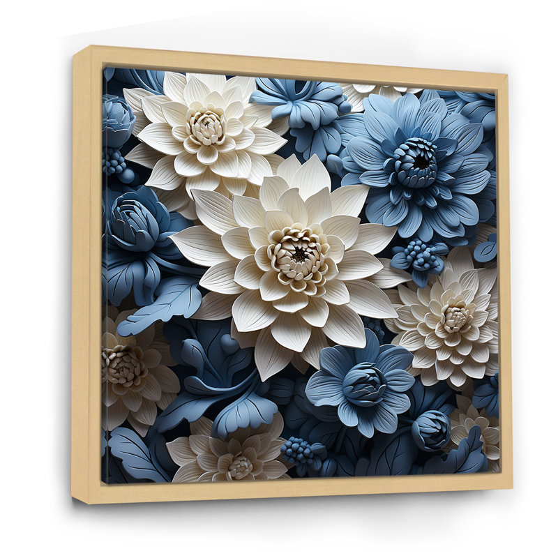 «Graceful Mums» noir et bleu pâle, peinture sur toile, Cadre naturel flottant, H 16 po x l 16 po x P 1 po