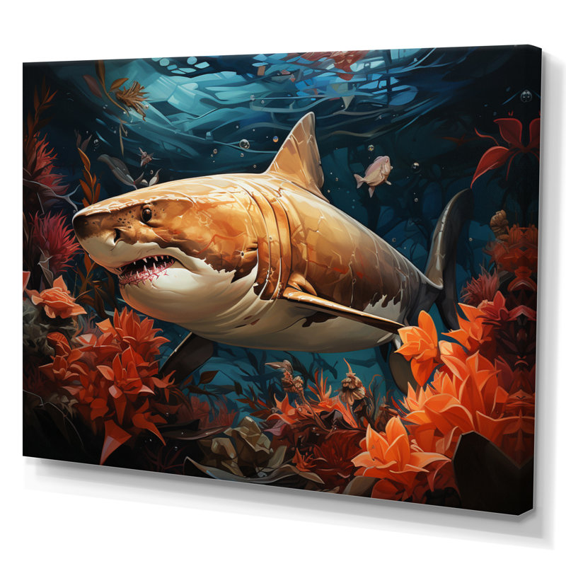 " Grey Orange Shark Underwater Symphony ", Wrapped Canvas, 16" H x 32" W