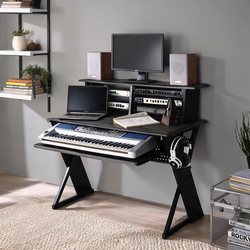 Bureau d'ordinateur avec plateau pour clavier et gestion des câbles, panneau de fibres à densité moyenne et acier, noir classique, l 47 po x P 24 po