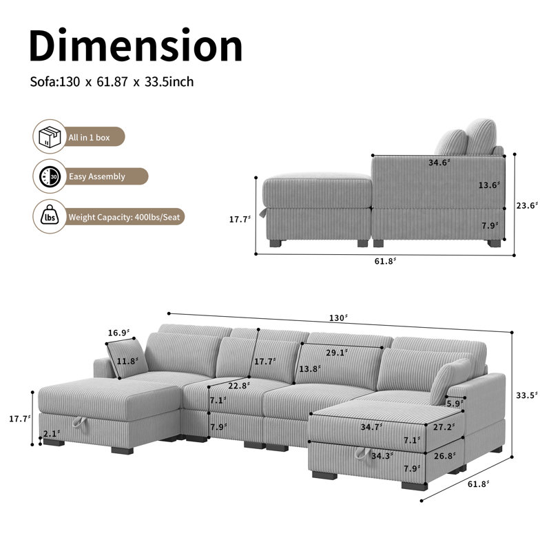 Mynyr Corduroy Sectional, Gray Corduroy