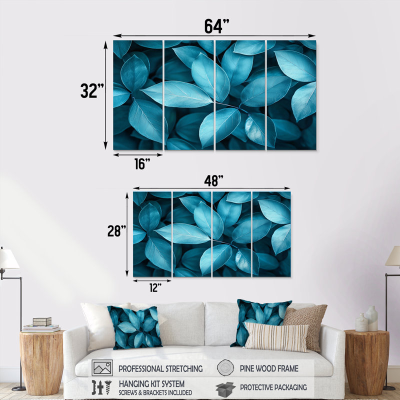 Feuilles bleu sarcelle monochromes Layrs II - art mural sarcelle - toile d'art traditionnelle, H 28 po x l 48 po, 4