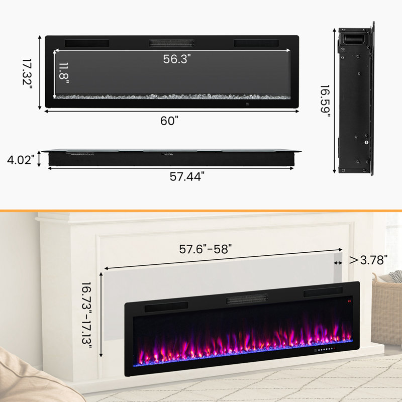 Orlanda Black Electric Fireplace, 17.32" H x 60" W x 4.02" D