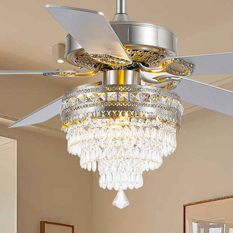 Ventilateur de plafond d'intérieur à 5 pales en cristal avec télécommande et lumière, 52 po de largeur, Nickel