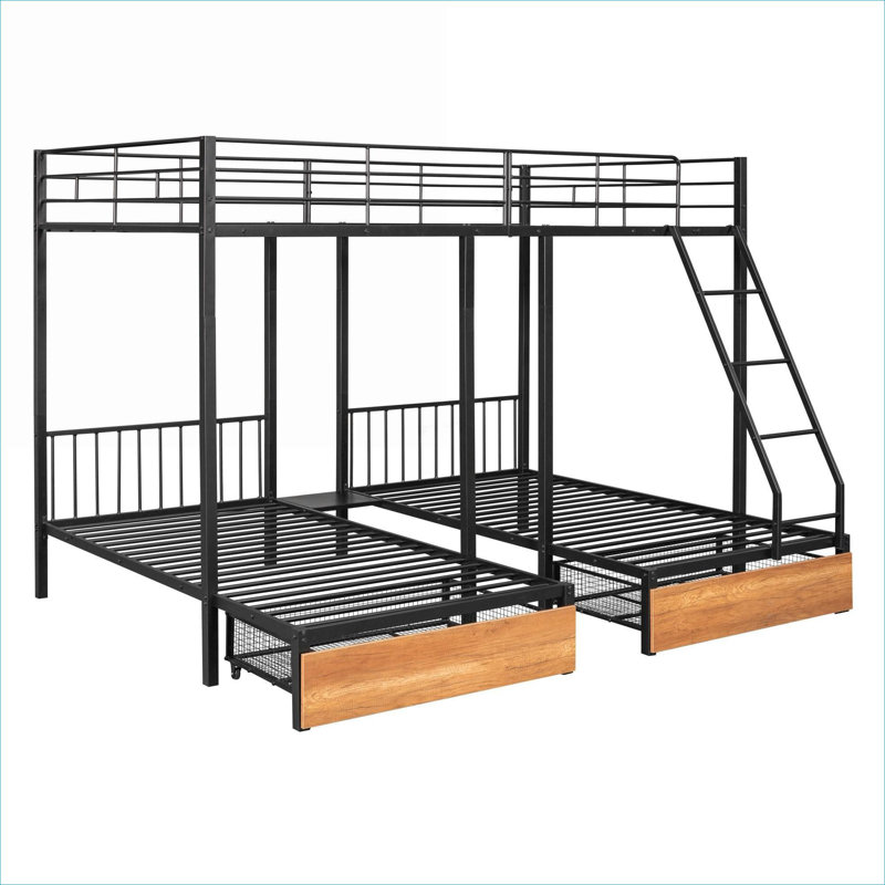 Lit plateforme avec lit triple et structure en bois et métal noir de jais avec rangement intégré pour les chambres à coucher multiples