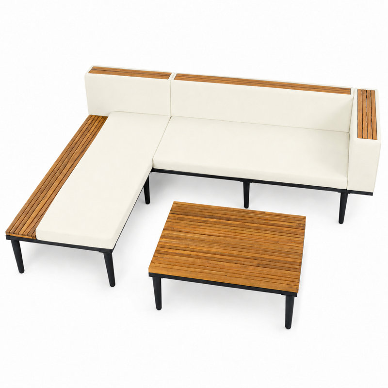 Ensemble de canapé d'extérieur moderne en bois d'acacia avec coussins résistants à l'eau et table basse pour terrasse, Beige