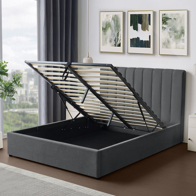 Evelynne Fabric Ottoman Bed Frame with Storage - , Double (4'6), Dark Grey