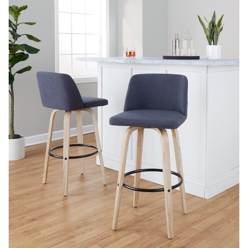 Thea 30" Fixed-Height Bar Stools with Bent Wood Legs & Round Footrest, Blue Polyester Blend, White Washed/Black