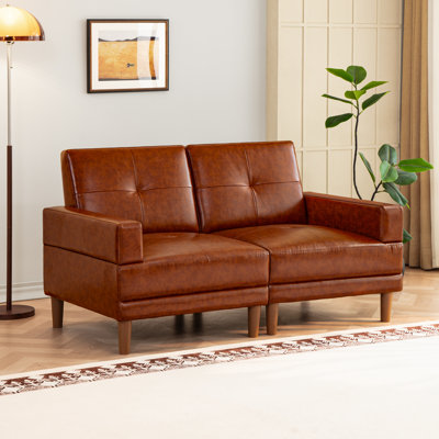 61'' Mid-century Modern Leather Couch, 2-seater Loveseat with Square Armrest and Metal Legs, Upholstered Deep Seat Sofa for Living Room and Bedroom Officce, Brown