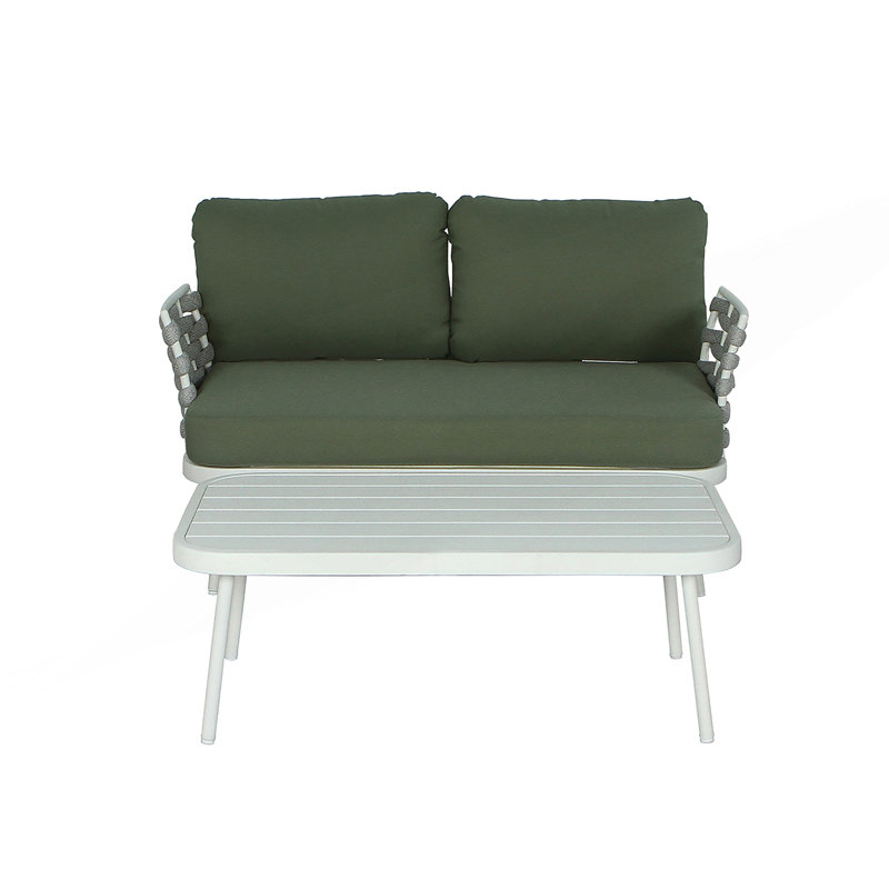 Loveseat And Table Set With Hand-Woven Rope, Off White, Green