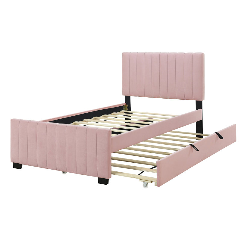 Lit plateforme tapissier en velours avec lit gigogne, Lit simple, Rose