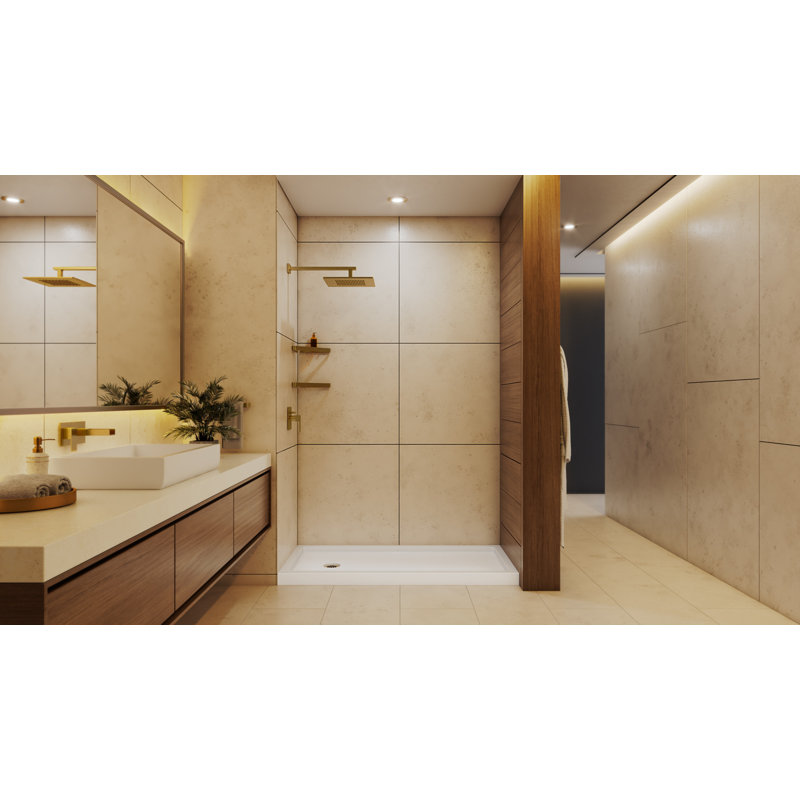 DreamLine SlimLine 36 inch D x 60 inch W x 2 3/4 inch H Single Threshold White Alcove Shower Base with 2 inch Brushed Brass Left Round Drain