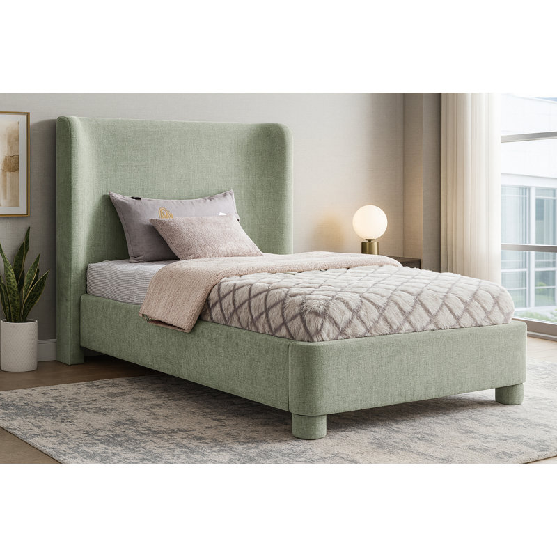 Hridhaan Upholstered Unfinished Wingback Bed, Twin, Olive Green Chenille Fabric