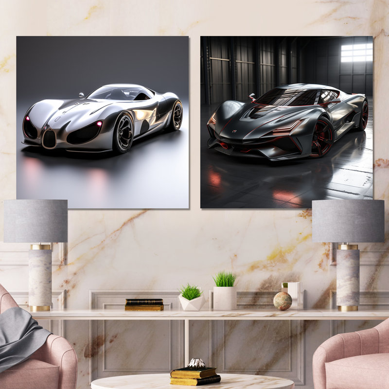 «Silver Car», ensemble de 2 reproductions d'art mural exotiques, Toile tendue, H 16 po x l 33 po x P 1 po