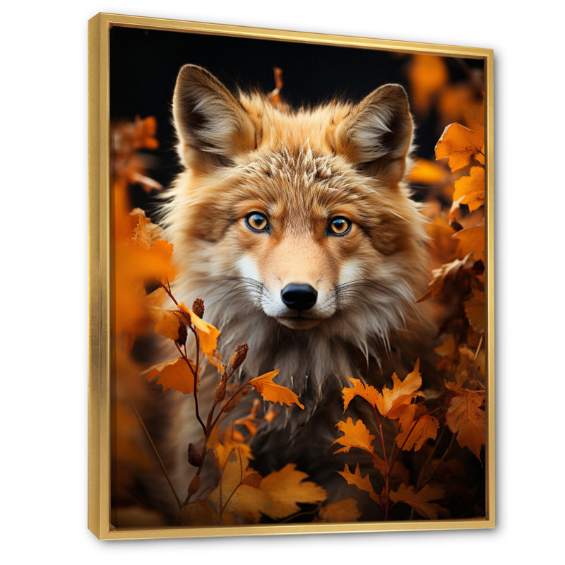 Portrait de renard en automne I - animaux, art mural, Cadre flottant doré, H 32 po x l 24 po x P 1 po