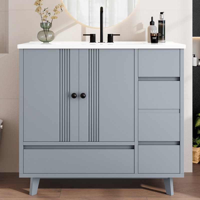 Ensemble de meuble-lavabo autoportant 36 po avec lavabo en céramique 36 po gris, 4 tiroirs et support de rangement latéral