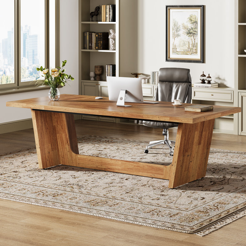 70.9" Large Home Office Desk, Wooden Executive Desk Writing Study Table, Natural Brown