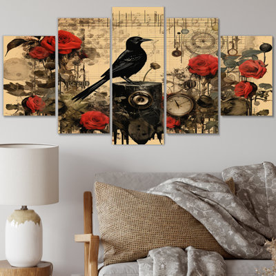 Black Crow Vintage Illustration III - impression sur toile - 5 panneaux
