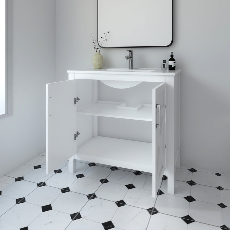 Meuble-lavabo autoportant 36 po Anvay en blanc mat avec plateau en céramique blanche, Blanc mat