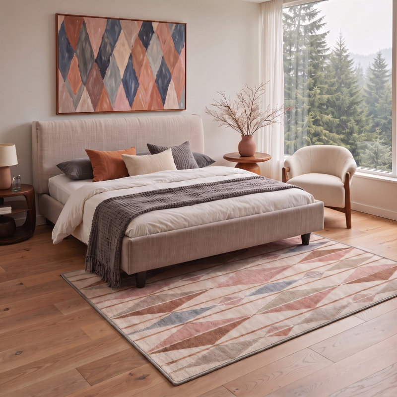 Tapis ivoire / rose moderne à motif géométrique performant et antidérapant, Rectangle 6 pi x 9 pi